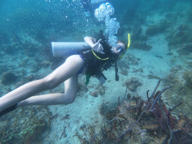 The image shows a scuba diver underwater. The diver is wearing a black wetsuit, a scuba tank, and a mask. They are swimming near the ocean floor, which is covered in sand and coral. The diver is giving a hand signal, possibly indicating that everything is okay. Bubbles from the scuba gear are rising to the surface, and the water is clear enough to see the diver and the surrounding environment clearly.